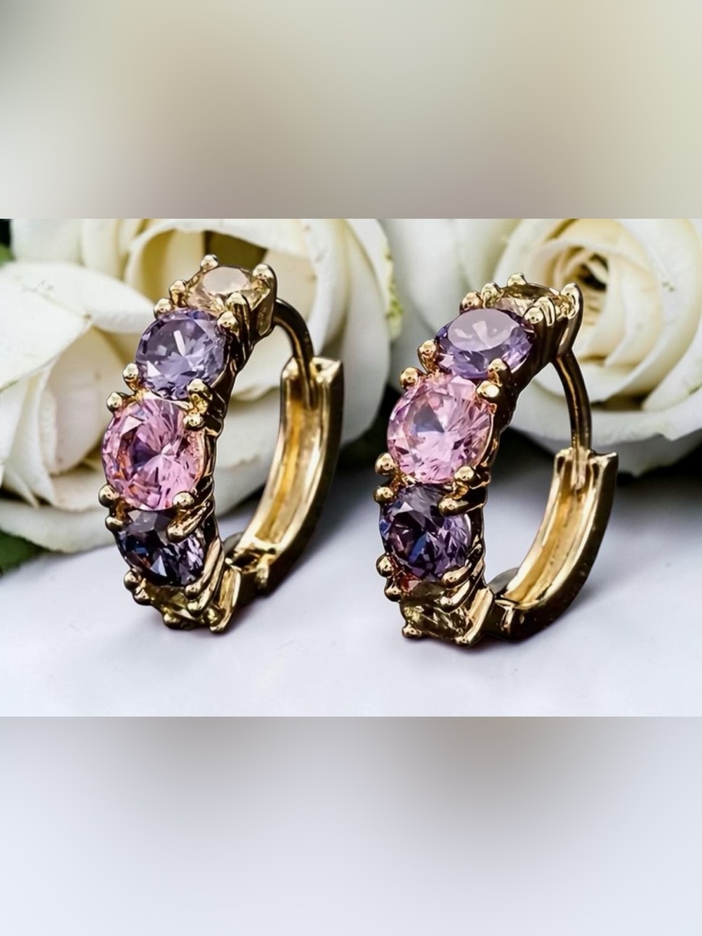 Gold Tone Hoop Earrings with Pink and Lavender Crystals